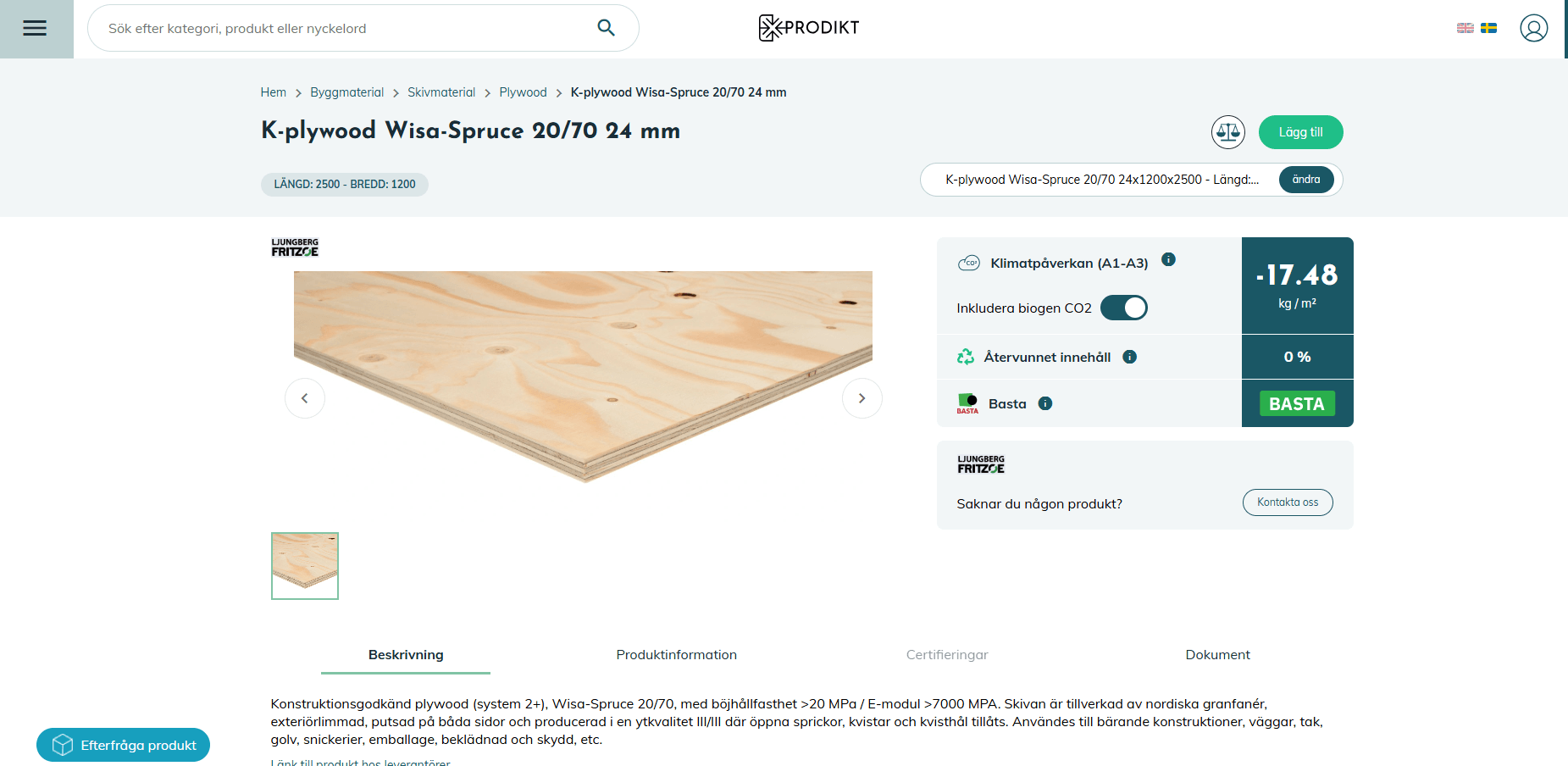 En produktbeskrivning för K-plywood Wisa-Spruce 20/70 24 mm, med information om pris och klimatberäkning.